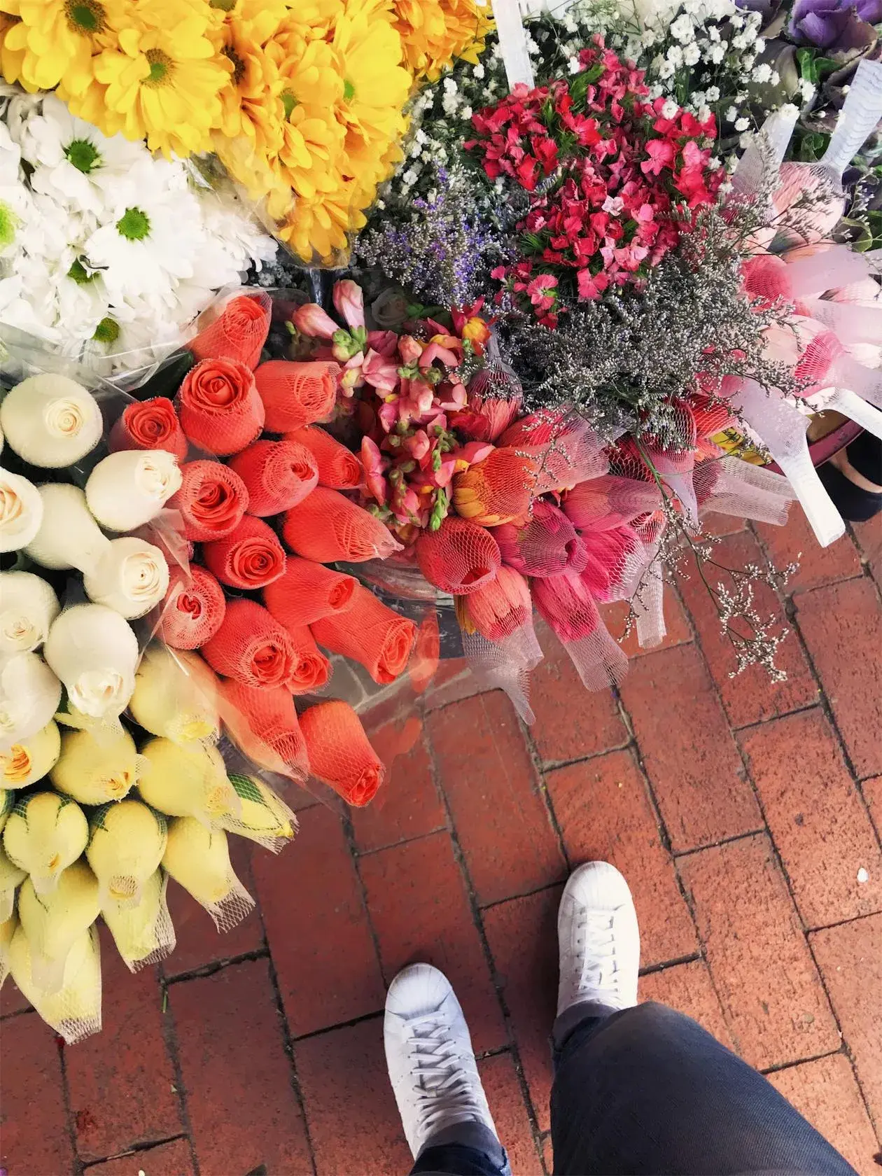 Assorted flower bouquets viewed from above on a pathway